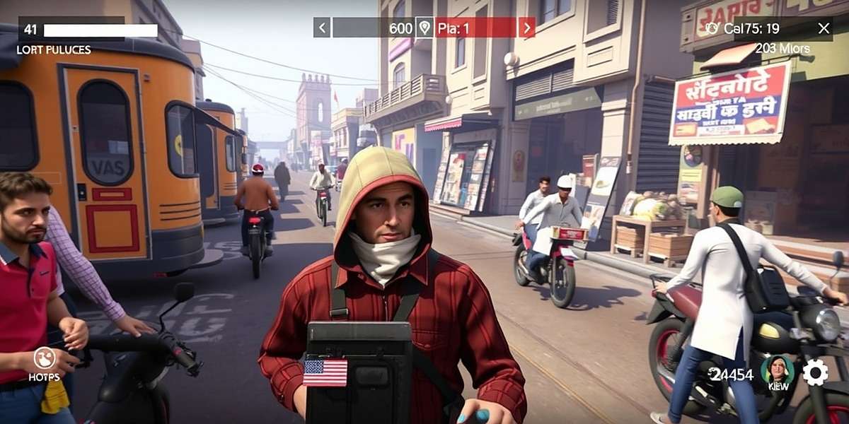 Glory Gunners Gameplay Screenshot Glory Gunners gameplay showing a player navigating through a crowded Indian market during a mission